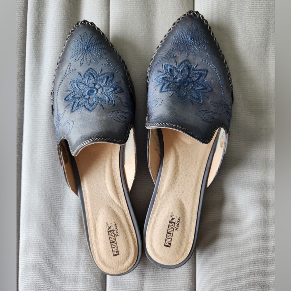 Women's Blue Embroidered Mules